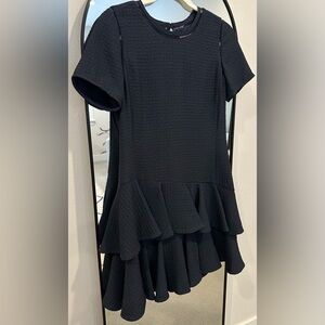 Rebecca Taylor Navy Blue Drop Waist Ruffled Puckered Jacquard Dress Size 4